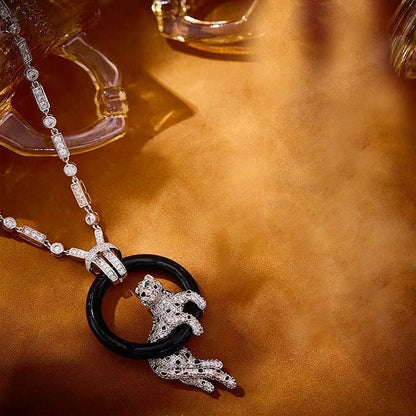 [Liorra jewelrys]NEW BLACK CIRCLE PANTHER FULL DIAMOND NECKLACE