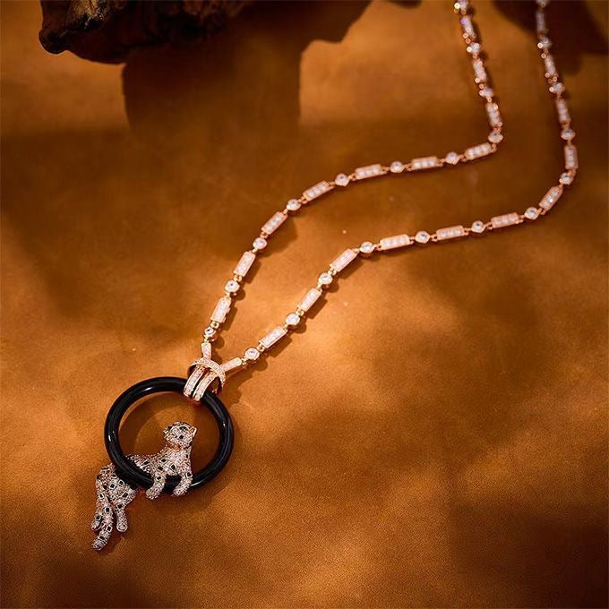 [Liorra jewelrys]NEW BLACK CIRCLE PANTHER FULL DIAMOND NECKLACE