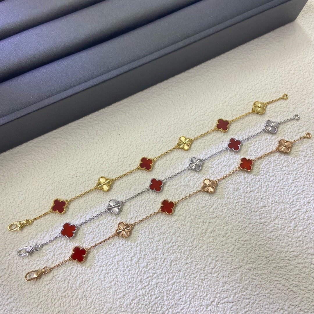 [Liorra]CLOVER 6 MOTIF RED AGATE LASER BRACELET-w