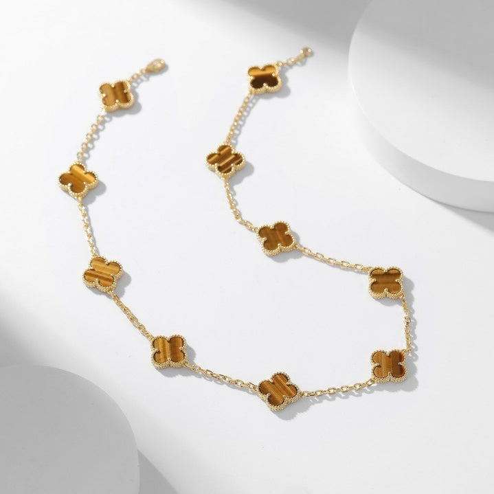 [Liorra]CLOVER 10 MOTIFS TIGER EYE NECKLACE