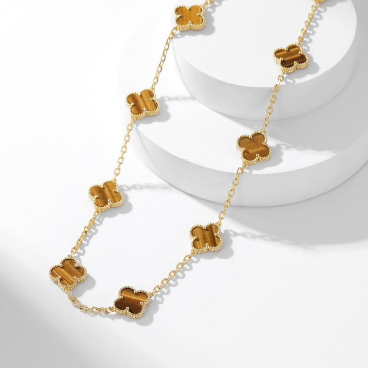 [Liorra]CLOVER 10 MOTIFS TIGER EYE NECKLACE