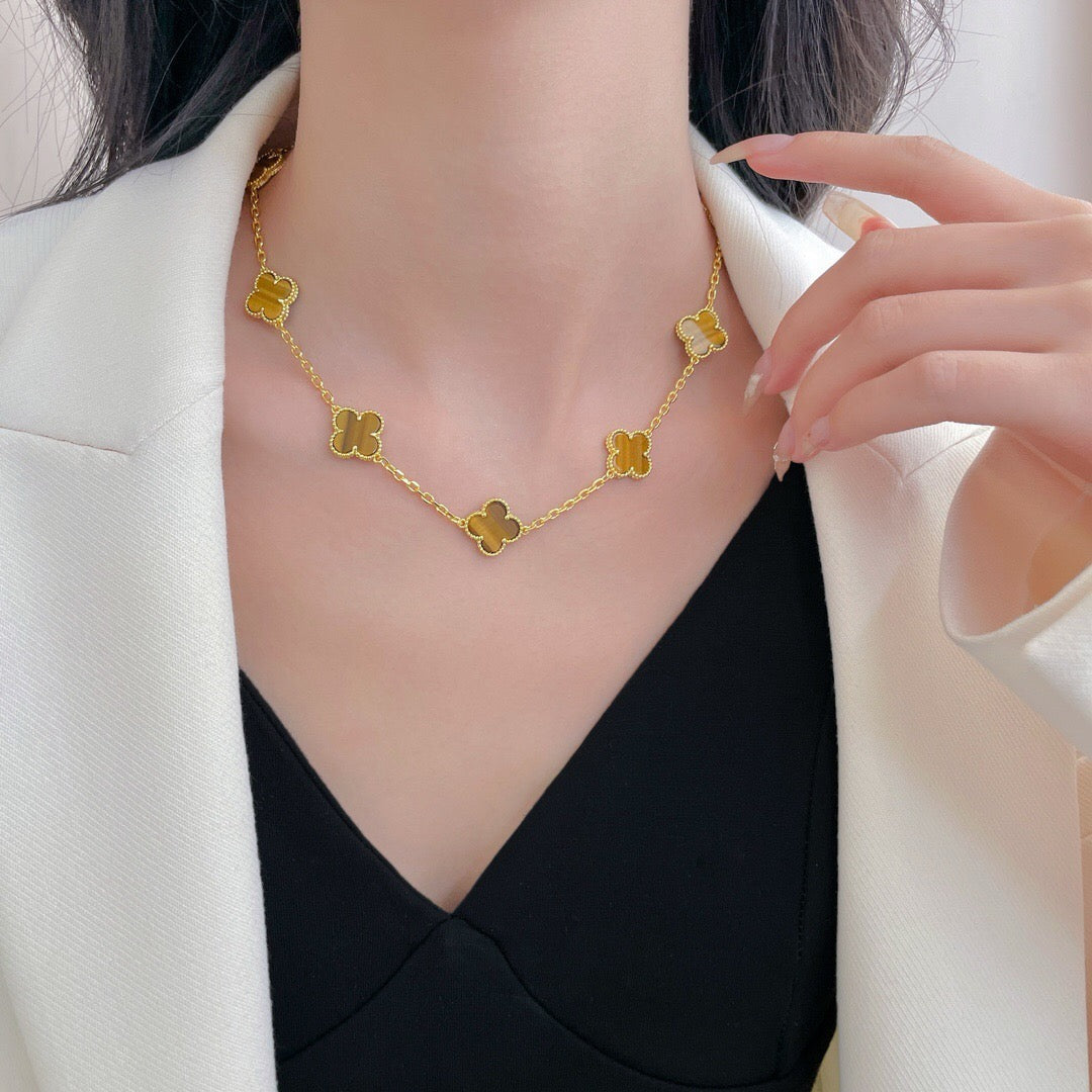 [Liorra]CLOVER 10 MOTIFS TIGER EYE NECKLACE