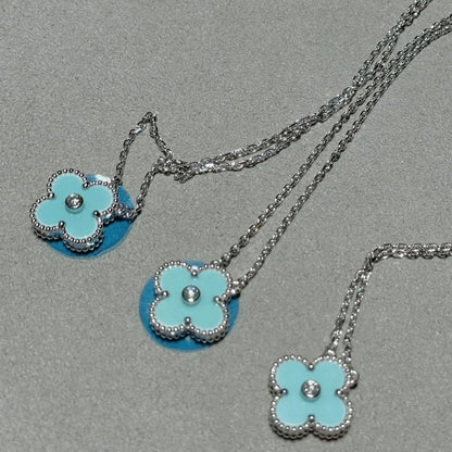 [Liorra]CLOVER 1 DIAMOND LIGHT BLUE SILVER NECKLACE