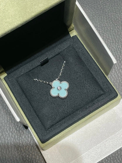 [Liorra]CLOVER 1 DIAMOND LIGHT BLUE SILVER NECKLACE