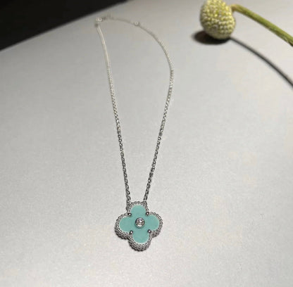 [Liorra]CLOVER 1 DIAMOND LIGHT BLUE SILVER NECKLACE