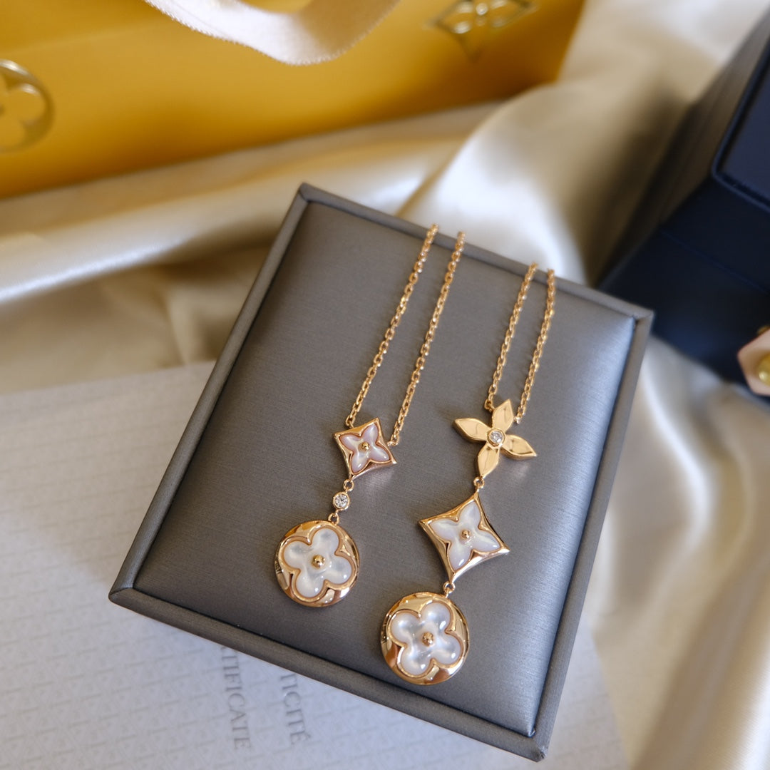[Liorra]COLOR BLOSSOM LARIAT NECKLACE PINK GOLD WHITE MOTHER PEARL AND DIAMOND