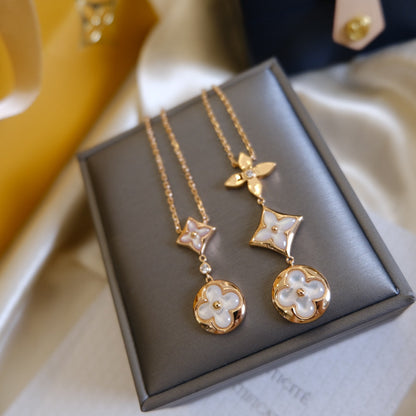 [Liorra]COLOR BLOSSOM LARIAT NECKLACE PINK GOLD WHITE MOTHER PEARL AND DIAMOND