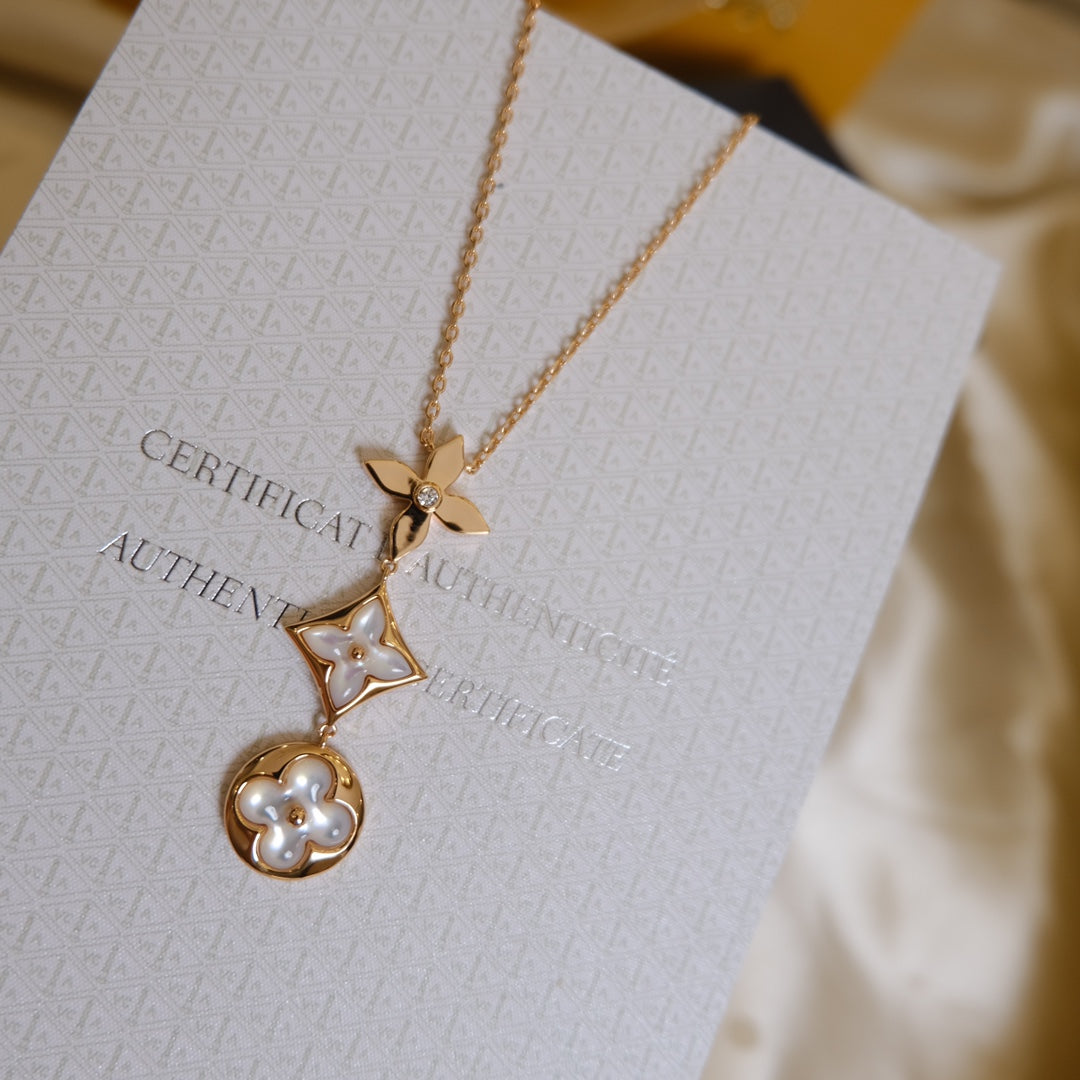 [Liorra]COLOR BLOSSOM LARIAT NECKLACE PINK GOLD WHITE MOTHER PEARL AND DIAMOND