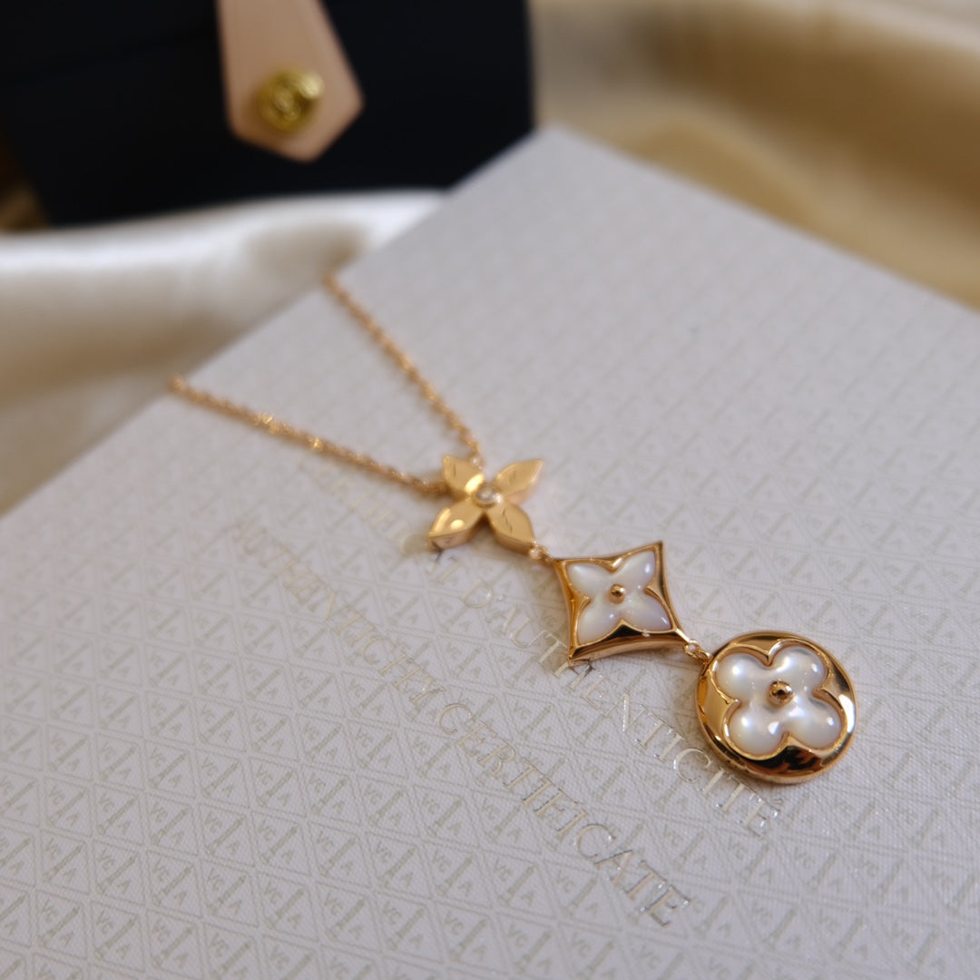 [Liorra]COLOR BLOSSOM LARIAT NECKLACE PINK GOLD WHITE MOTHER PEARL AND DIAMOND
