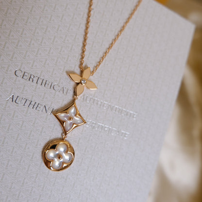 [Liorra]COLOR BLOSSOM LARIAT NECKLACE PINK GOLD WHITE MOTHER PEARL AND DIAMOND