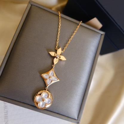 [Liorra]COLOR BLOSSOM LARIAT NECKLACE PINK GOLD WHITE MOTHER PEARL AND DIAMOND