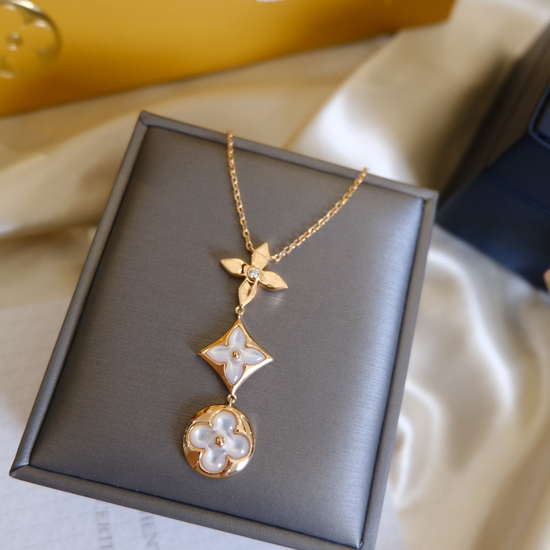 [Liorra]COLOR BLOSSOM LARIAT NECKLACE PINK GOLD WHITE MOTHER PEARL AND DIAMOND