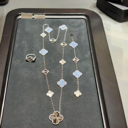 [Liorra]DETACHABLE CLOVER 15(11+4) FLOWER SILVER NECKLACE SET