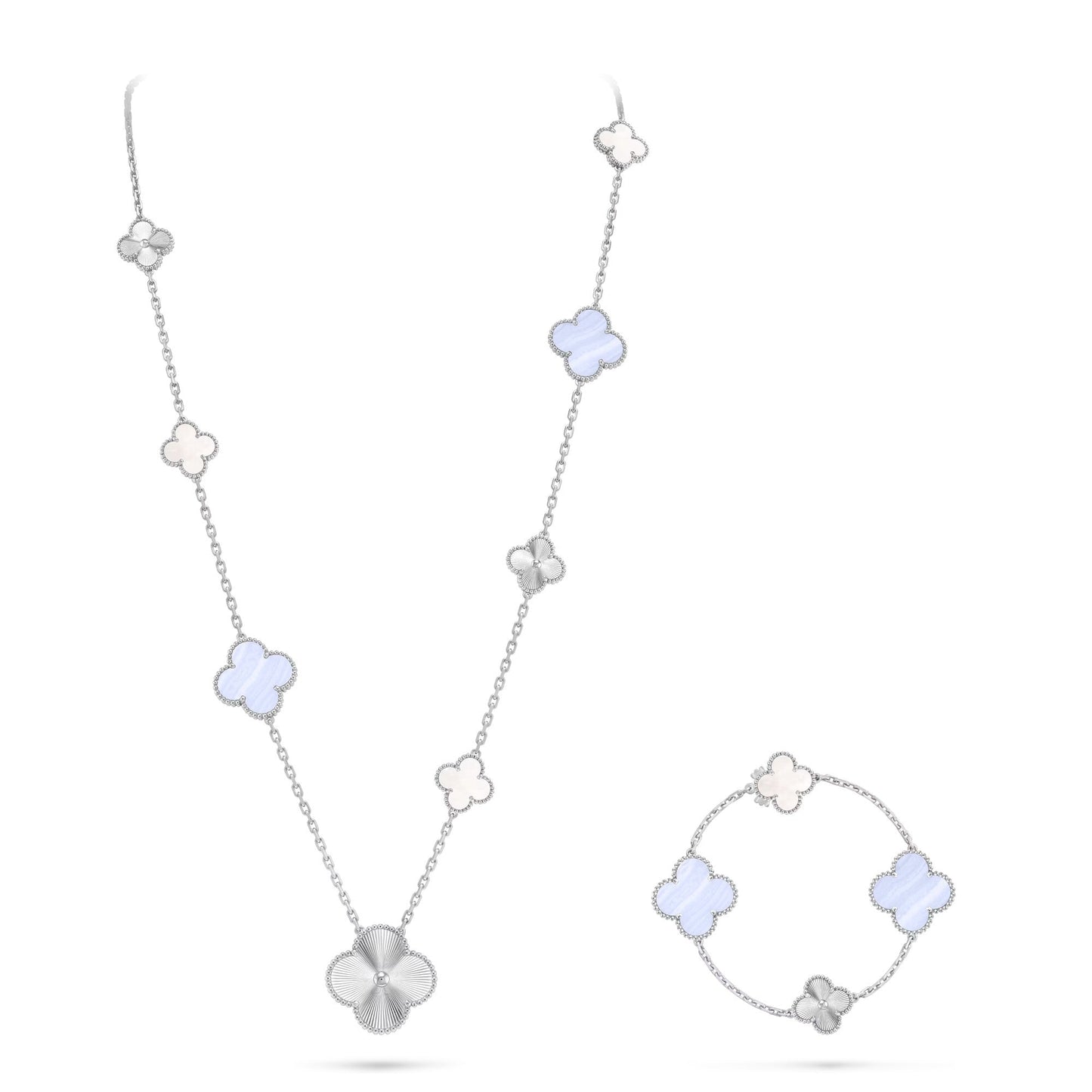 [Liorra]DETACHABLE CLOVER 15(11+4) FLOWER SILVER NECKLACE SET