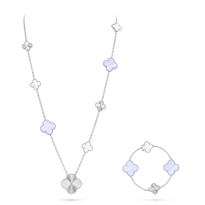 [Liorra]DETACHABLE CLOVER 15(11+4) FLOWER SILVER NECKLACE SET