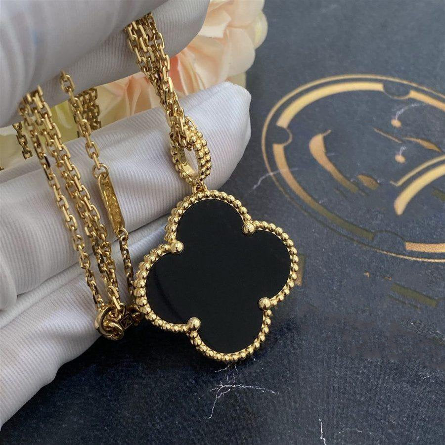 [Liorra]CLOVER 25MM GOLD ONYX BIG CLOVER NECKLACE