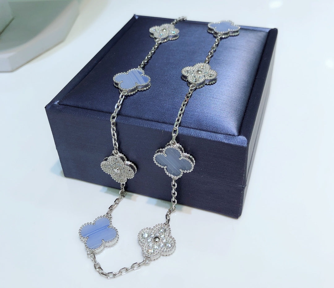 [Liorra]CLOVER 10 MOTIFS CHALCEDONY DIAMONDS SILVER NECKLACE