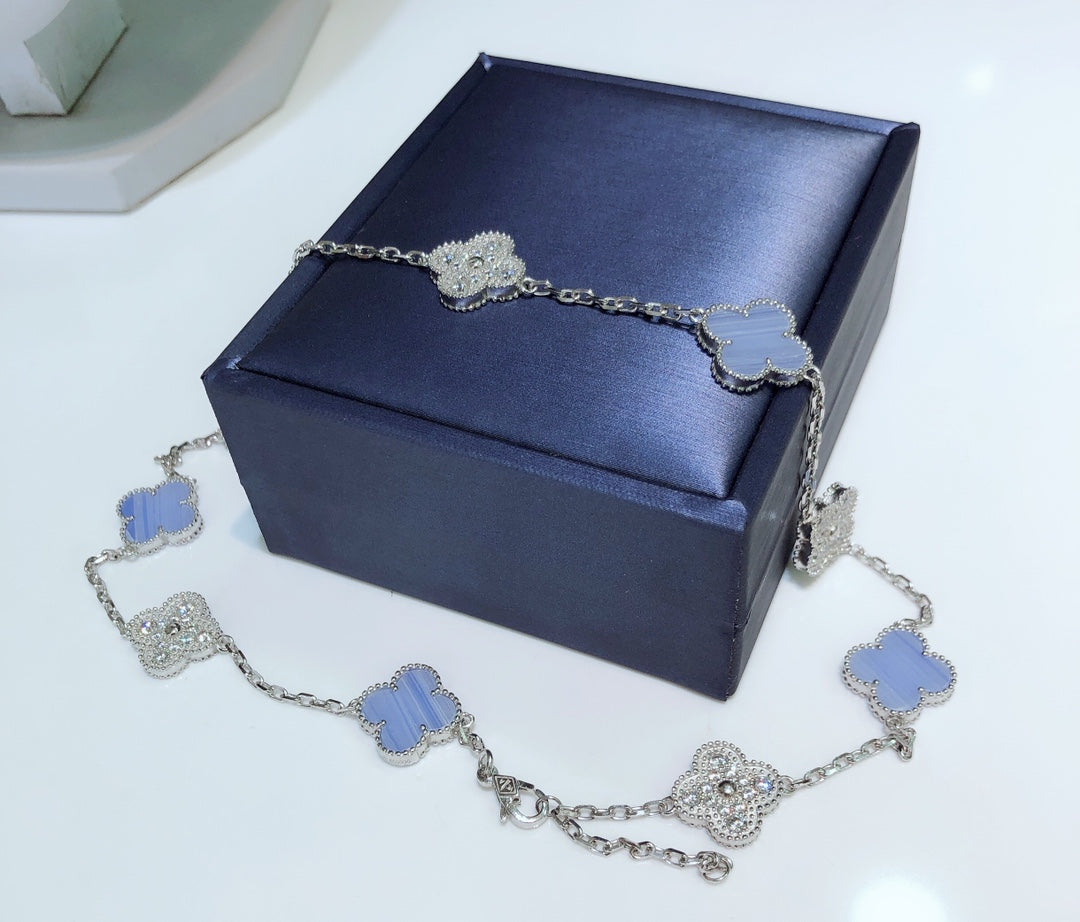 [Liorra]CLOVER 10 MOTIFS CHALCEDONY DIAMONDS SILVER NECKLACE