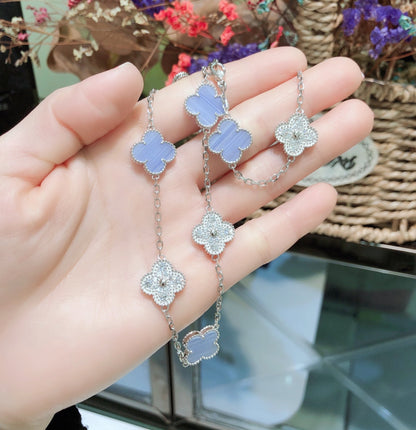 [Liorra]CLOVER 10 MOTIFS CHALCEDONY DIAMONDS SILVER NECKLACE