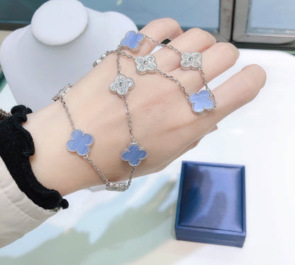 [Liorra]CLOVER 10 MOTIFS CHALCEDONY DIAMONDS SILVER NECKLACE
